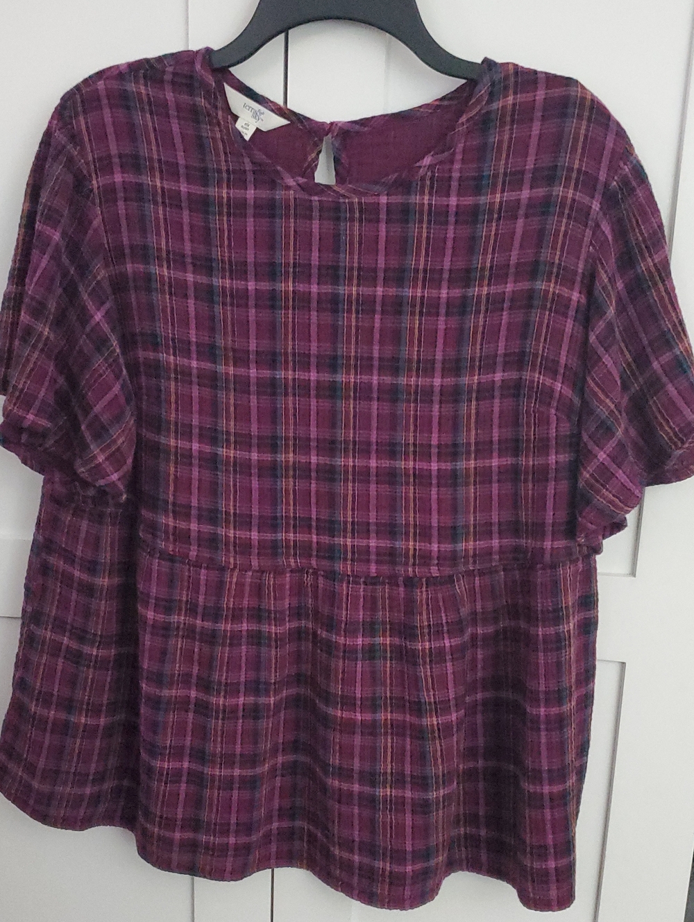 Terra & Sky Plum Plaid Short-Sleeve Peplum Top